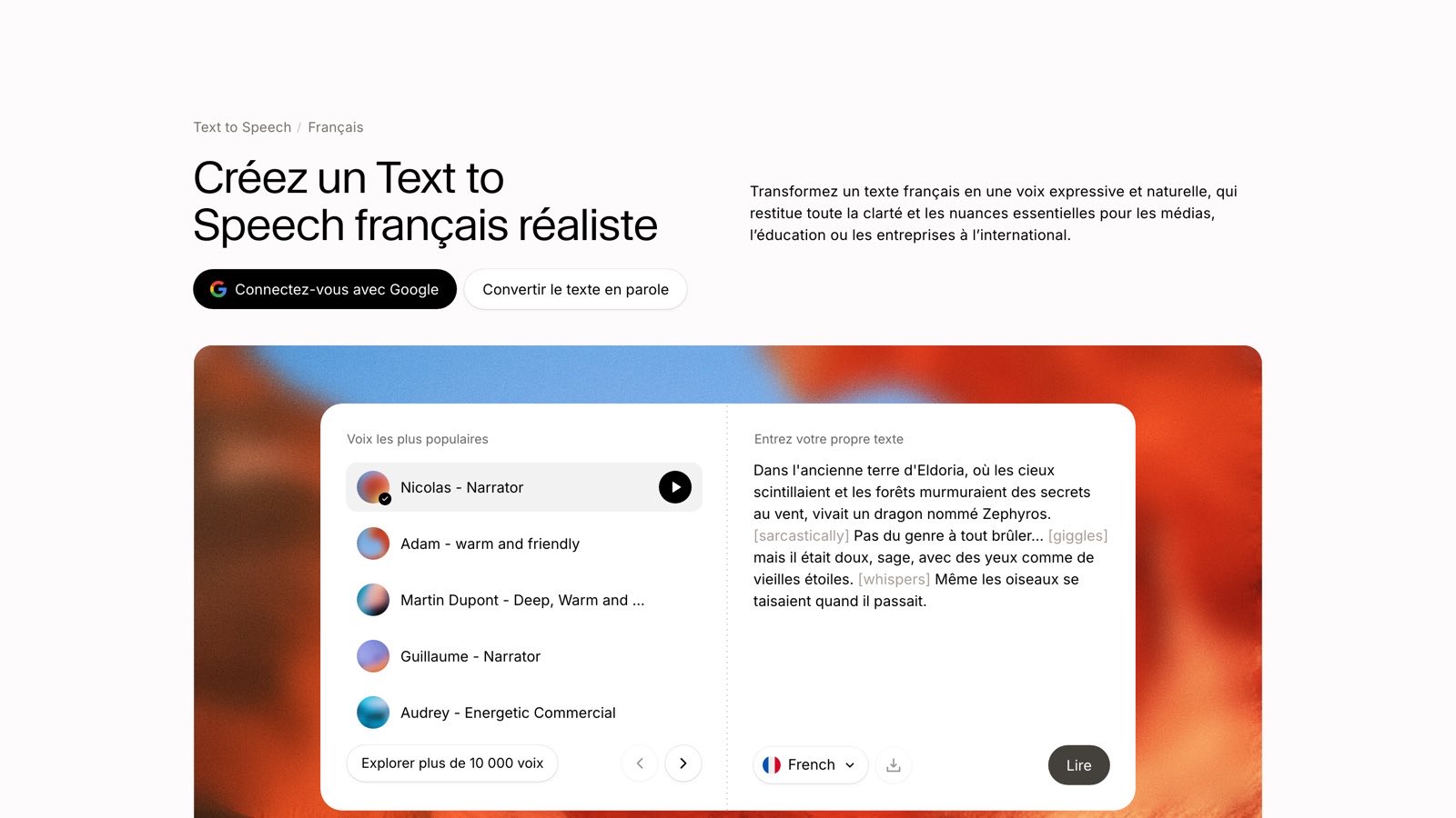 La page française d'ElevenLabs et sa liste de voix françaises, relevée le 5 août 2026.