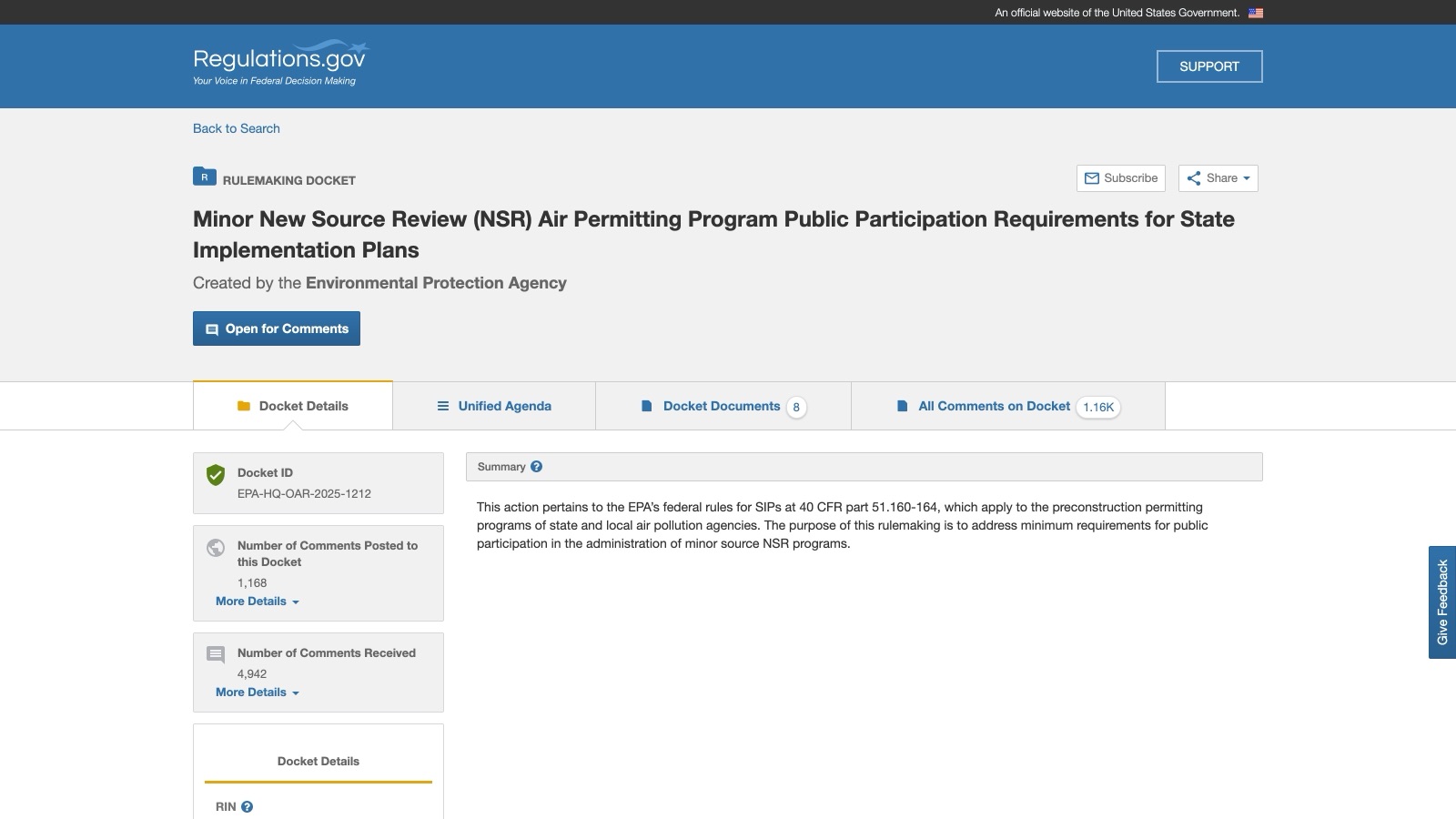 Le docket du dossier sur regulations.gov, relevé le 31 août 2026 : 4 942 commentaires reçus, aucune finalisation.