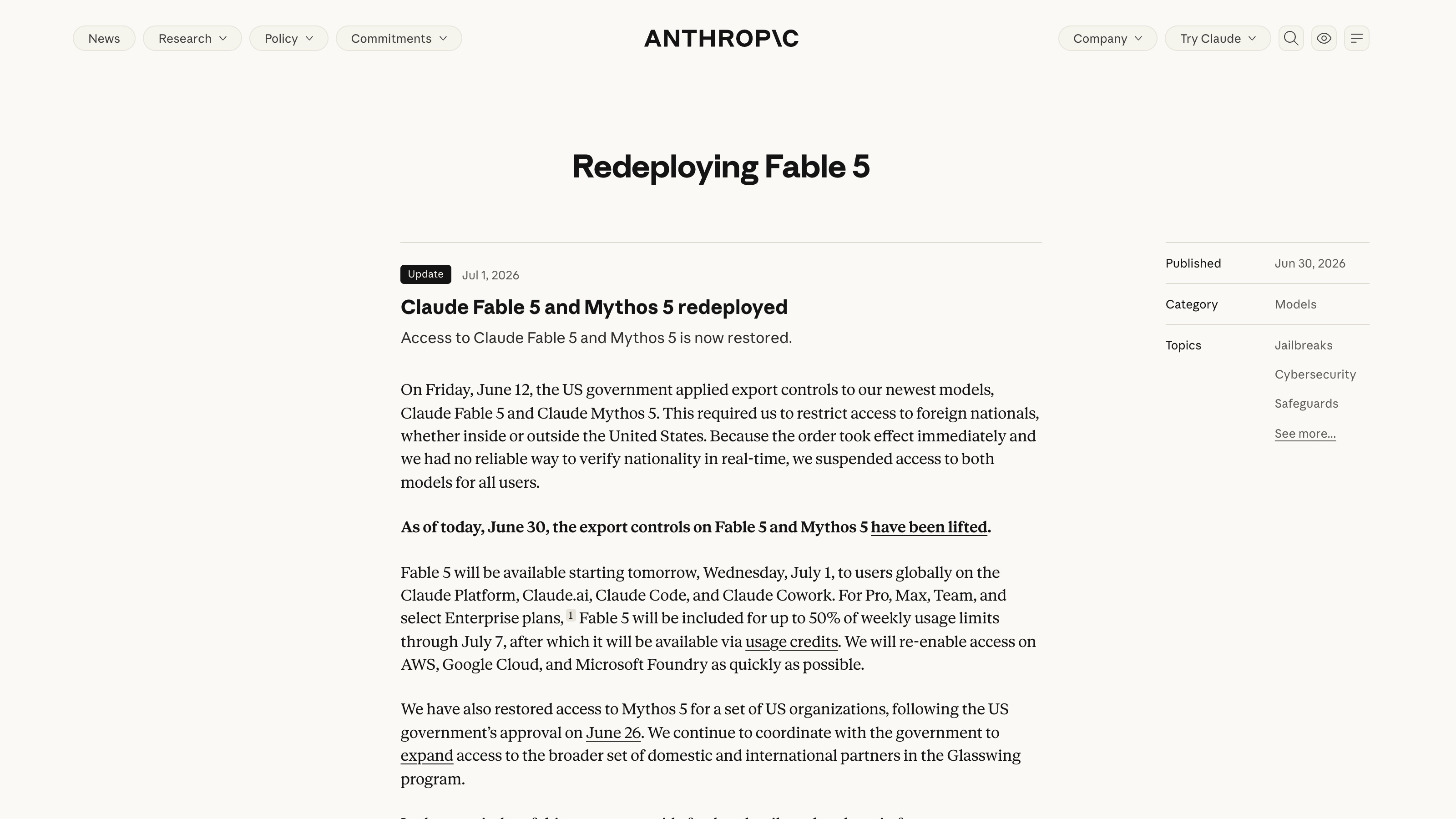 « As of today, June 30, the export controls on Fable 5 and Mythos 5 have been lifted » : la phrase de levée visible chez Anthropic.