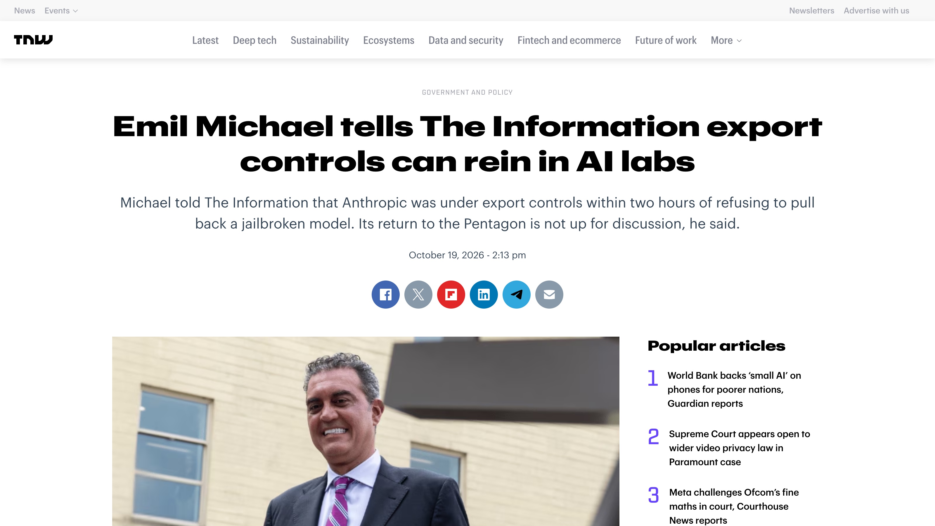 The Next Web, 19 octobre 2026 : le titre et le chapeau de l'article qui rapporte les propos d'Emil Michael.
