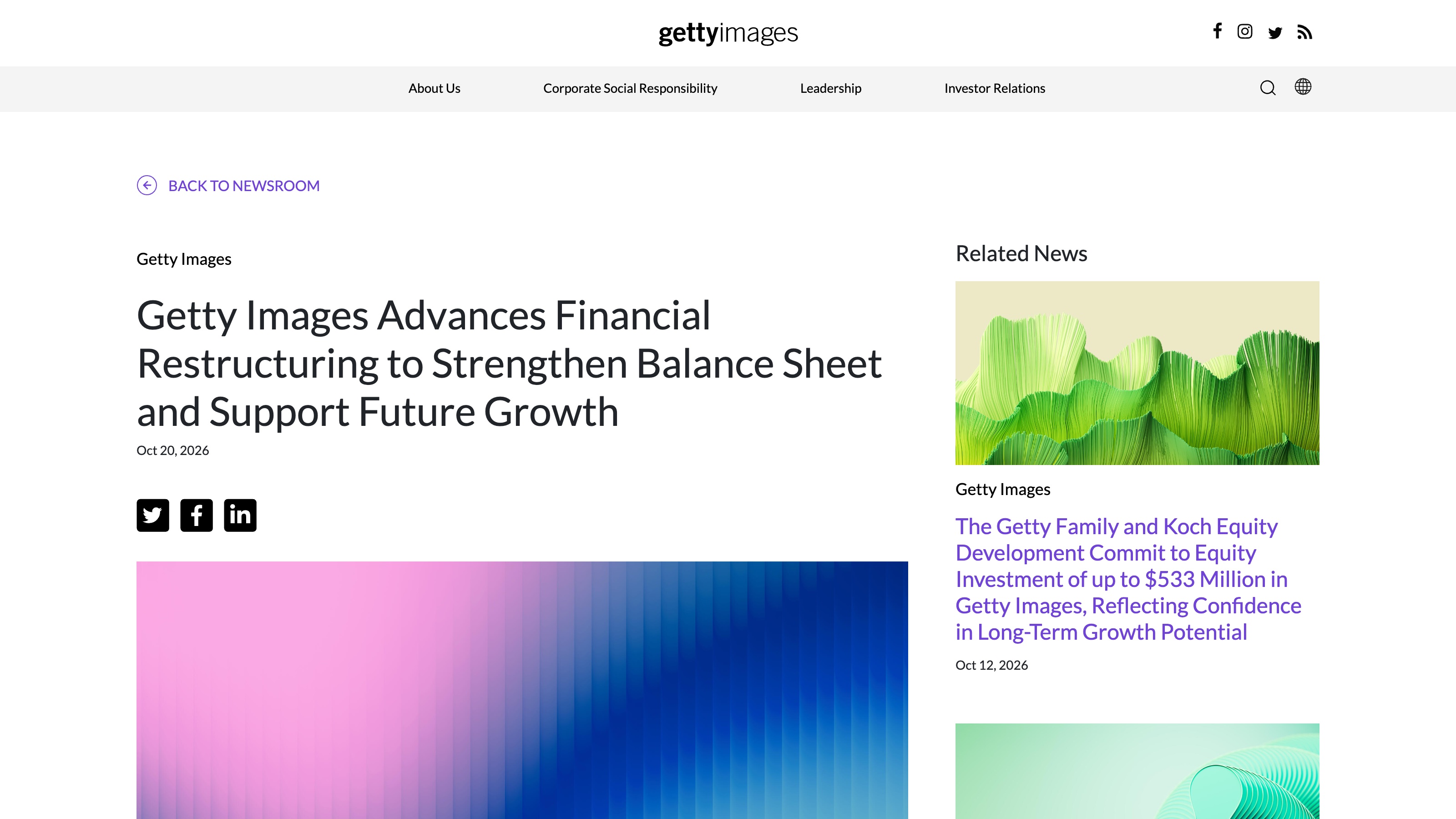 Le communiqué du 21 octobre 2026 sur le newsroom de Getty Images, « Getty Images Advances Financial Restructuring to Strengthen Balance Sheet and Support Future Growth »