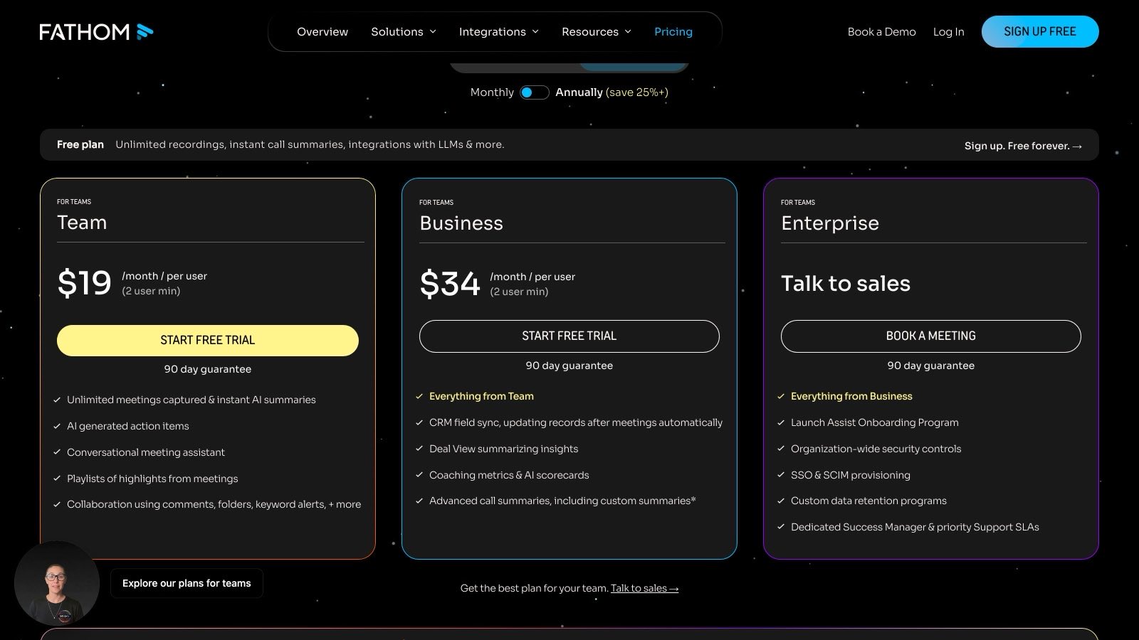Page de tarifs de Fathom en vue mensuelle : Team à 19 $ et Business à 34 $ par utilisateur et par mois, Enterprise sur devis.
