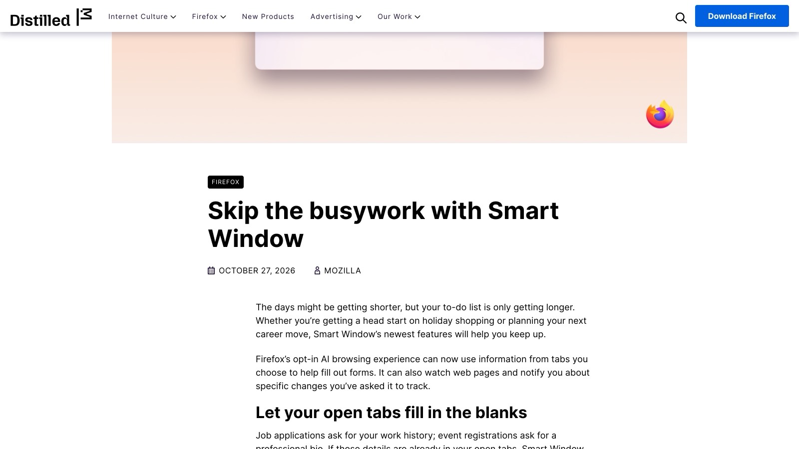 Le billet d'annonce de Mozilla, « Skip the busywork with Smart Window », daté du 27 octobre 2026.