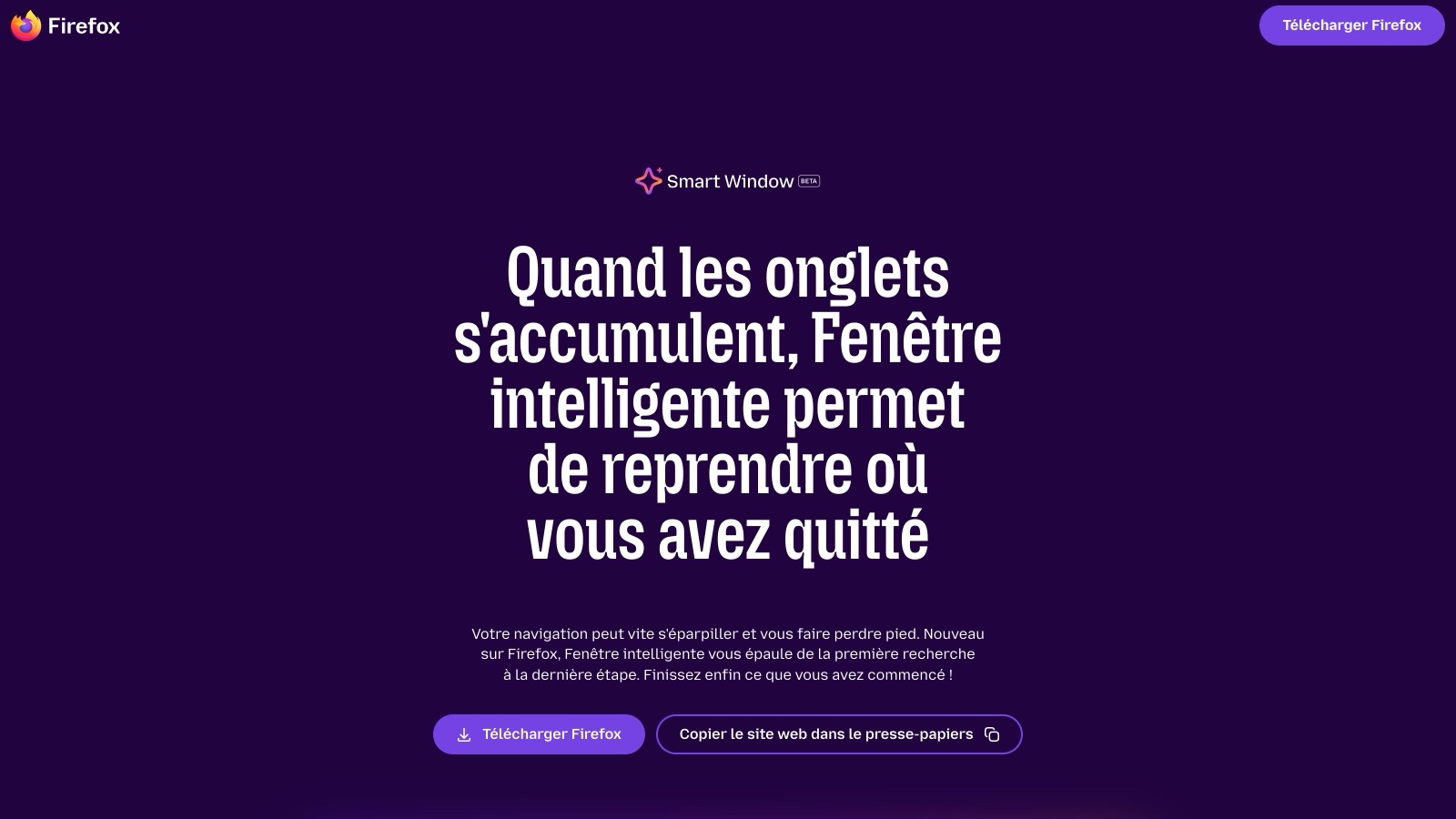 La page firefox.com/smart-window en français, relevée le 28 octobre 2026 : le badge « Smart Window BETA » et le nom « Fenêtre intelligente ».