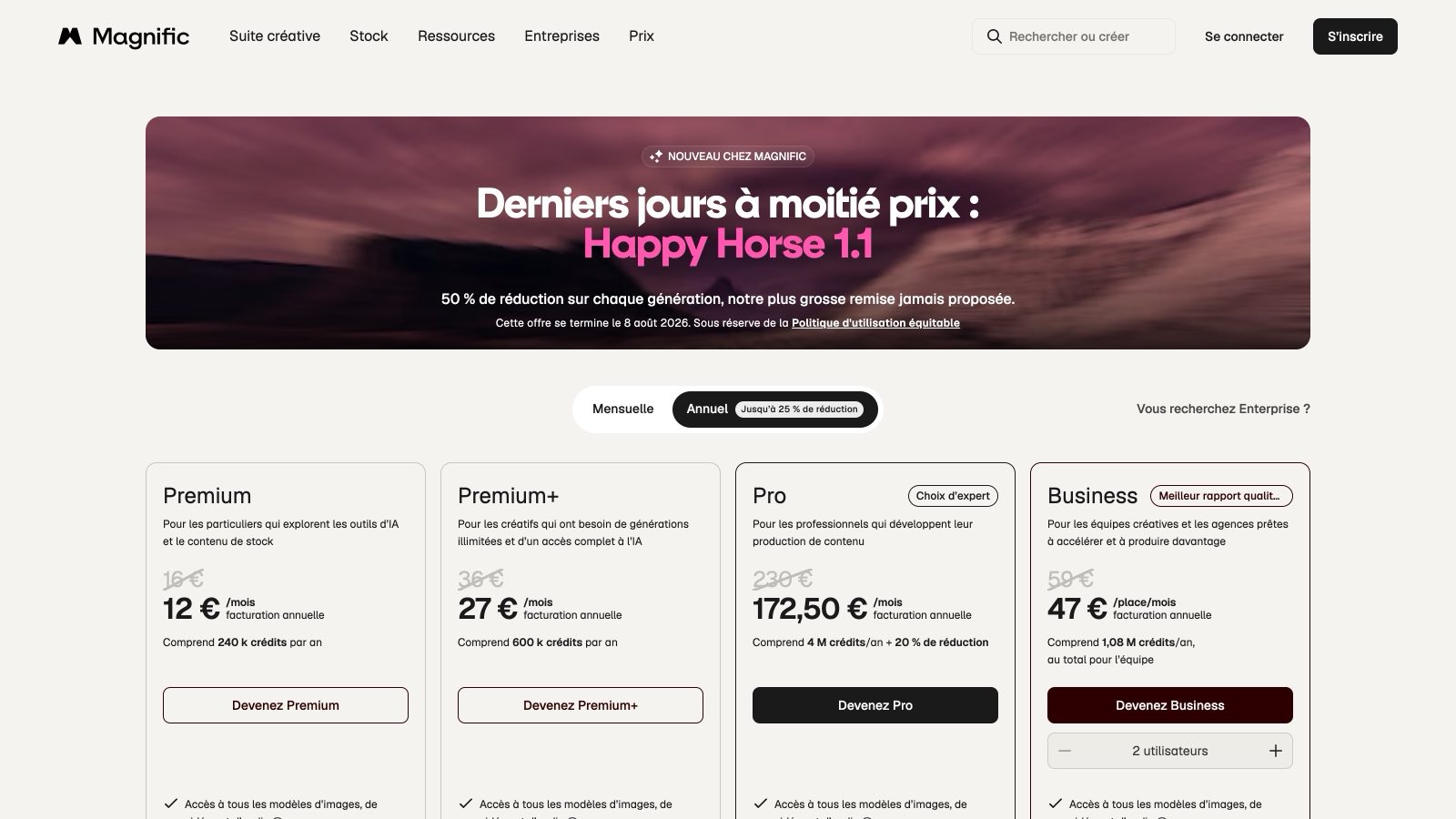 La page de tarifs française de Magnific, ouverte par défaut sur l'onglet « Annuel » : les prix mensuels réels (16 €, 36 €, 230 €, 59 €) apparaissent barrés au-dessus des tarifs annuels.