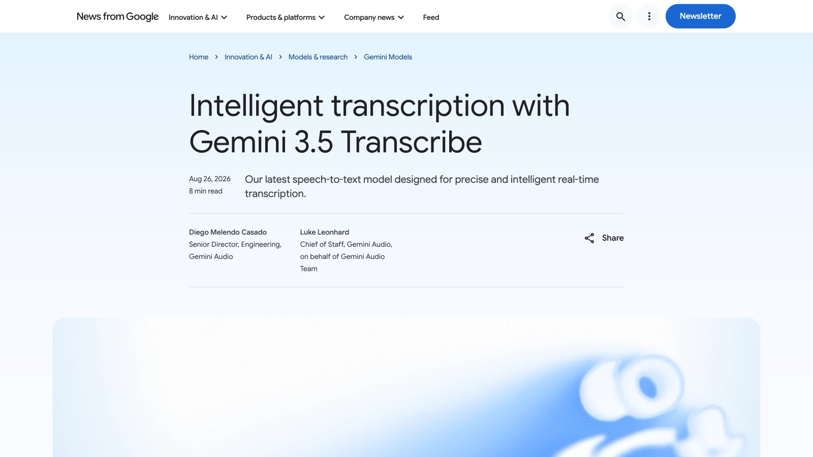 L'annonce de Gemini 3.5 Transcribe sur le blog de Google, le 26 août 2026.