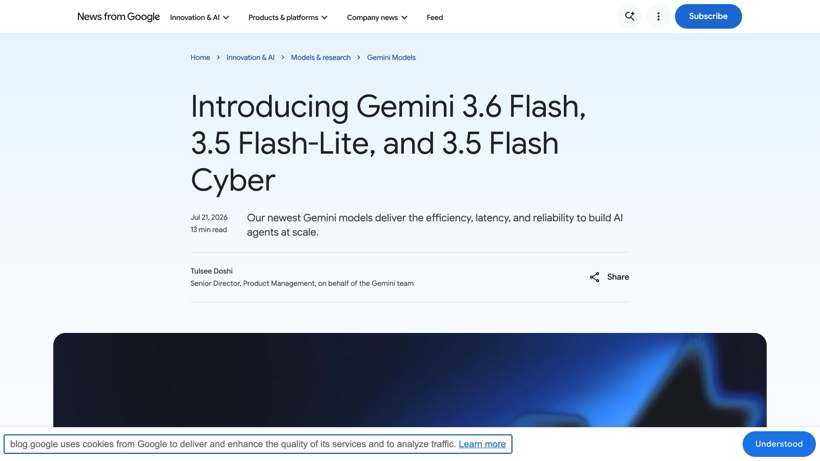 L'annonce officielle du 21 juillet 2026 sur le blog de Google, signée Tulsee Doshi pour l'équipe Gemini.