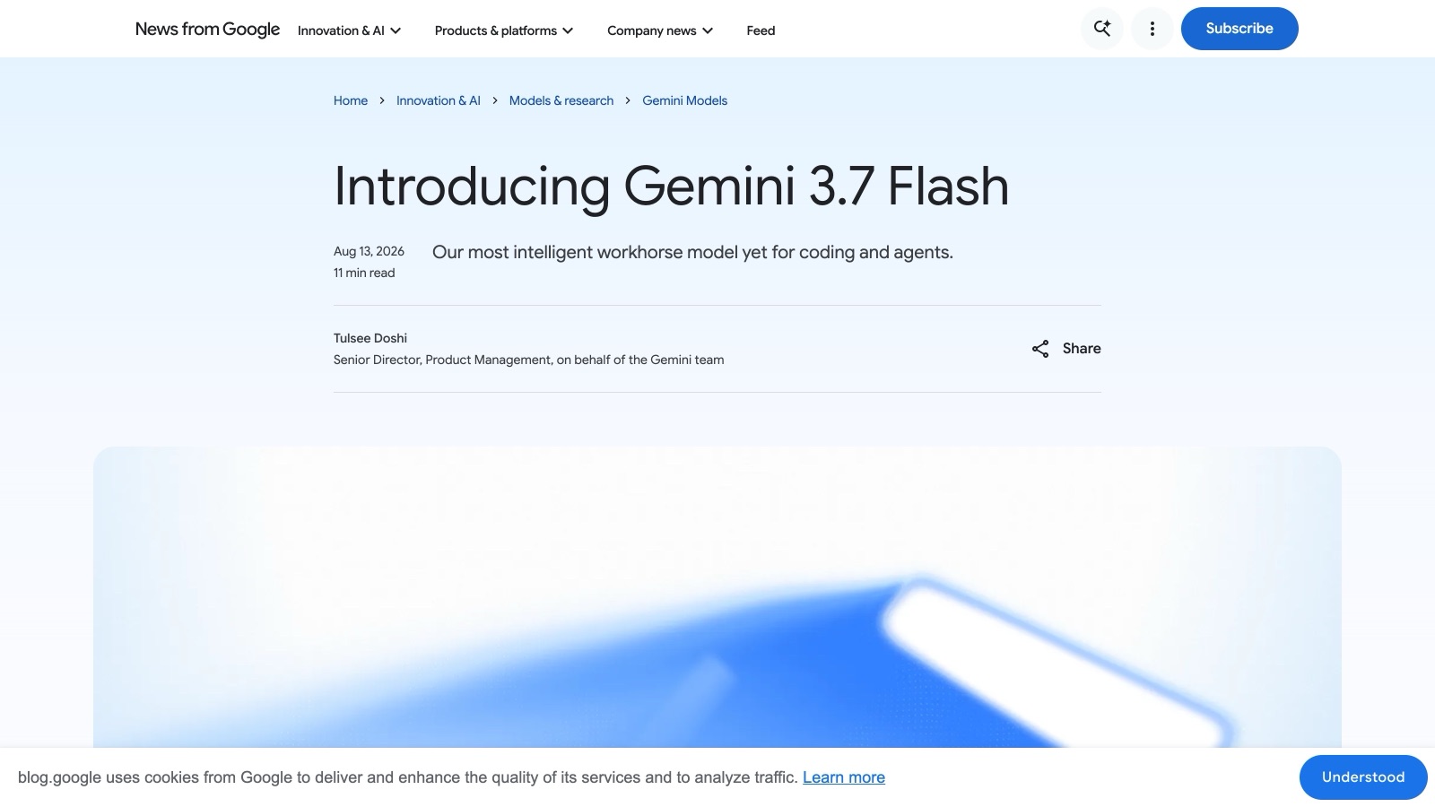 L'annonce officielle de Gemini 3.7 Flash sur le blog de Google, datée du 13 août 2026 et signée Tulsee Doshi.