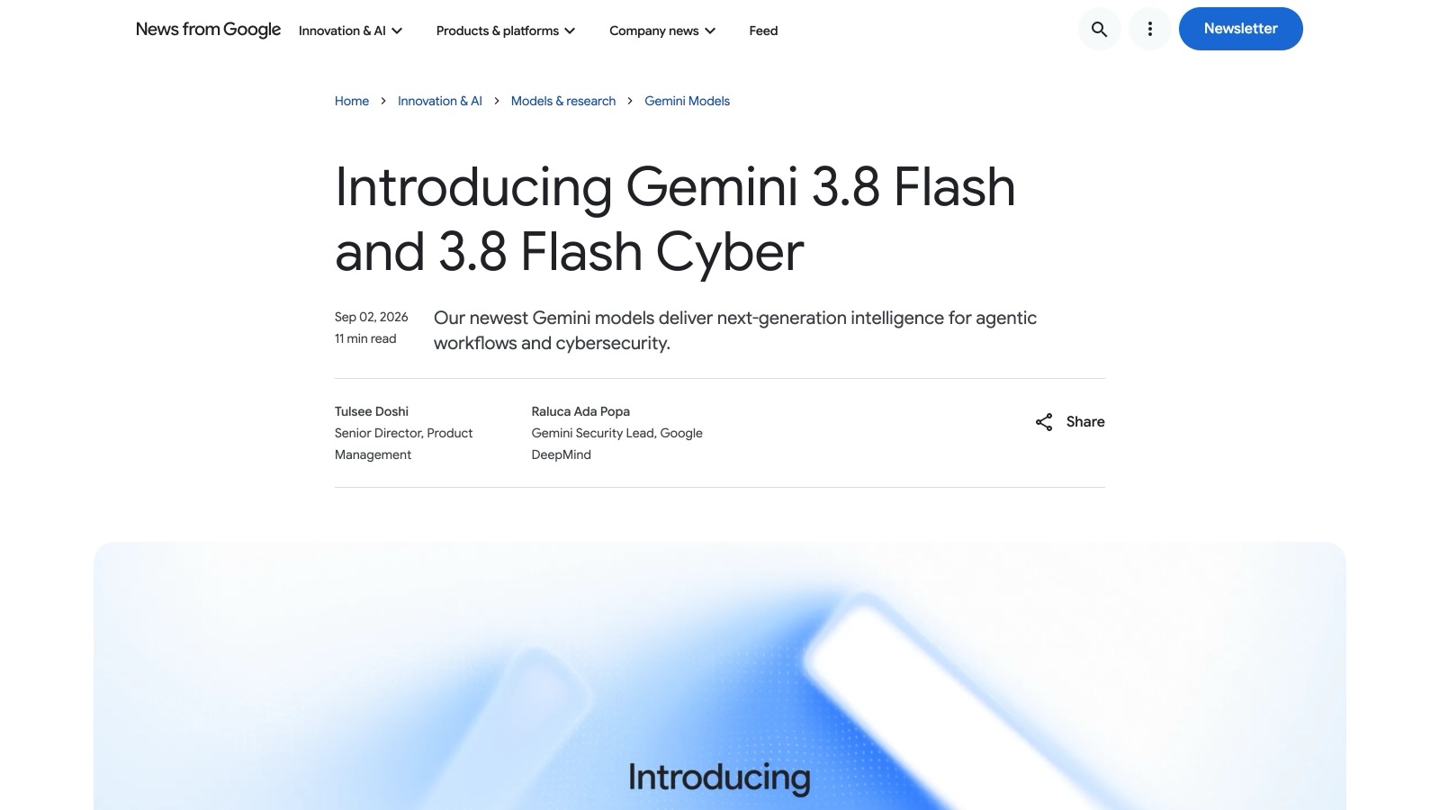 Le billet d'annonce de Gemini 3.8 Flash et 3.8 Flash Cyber publié par Google le 2 septembre 2026.