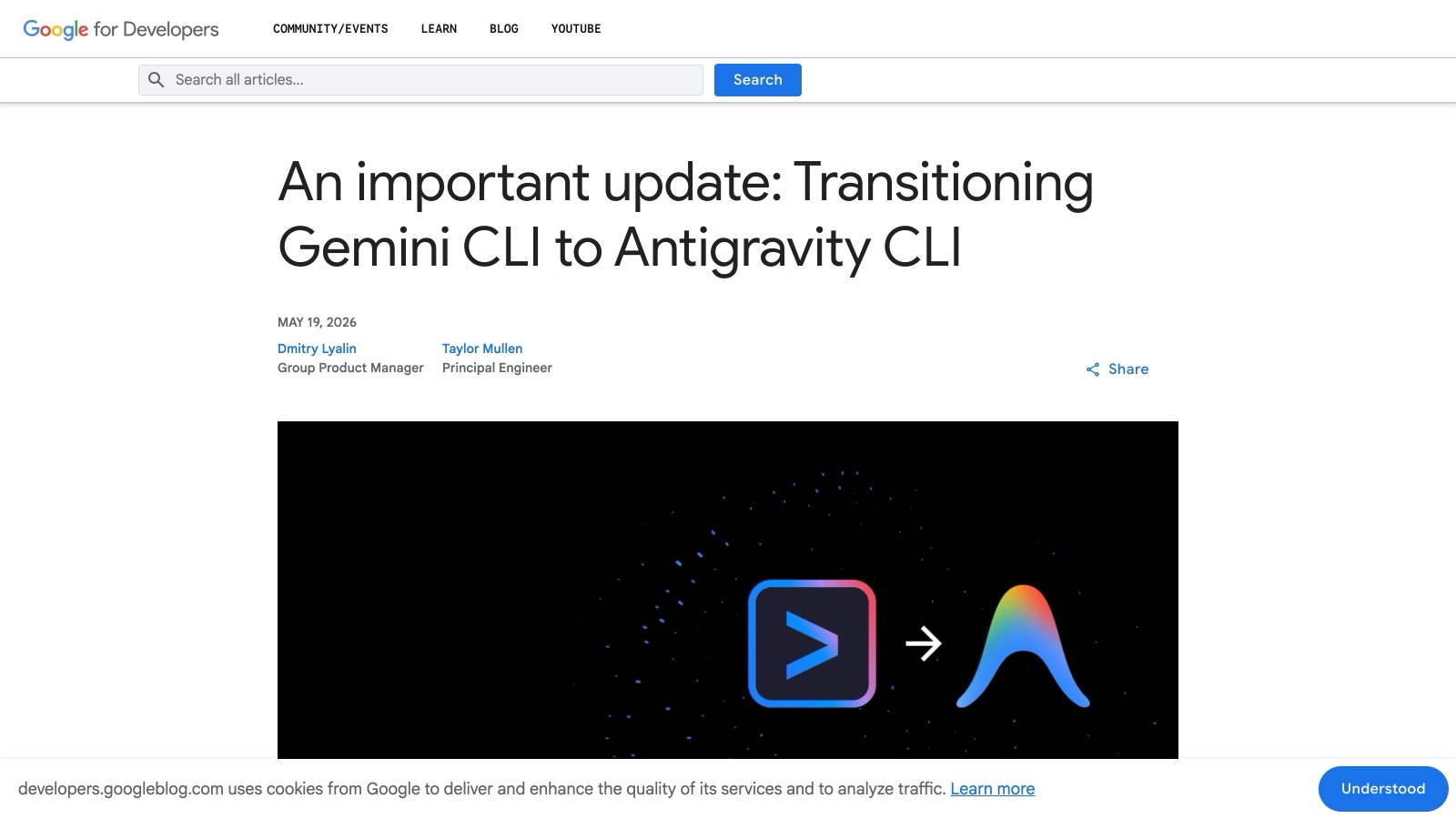 L'annonce officielle du 19 mai 2026 sur le blog développeurs de Google : « An important update: Transitioning Gemini CLI to Antigravity CLI ».