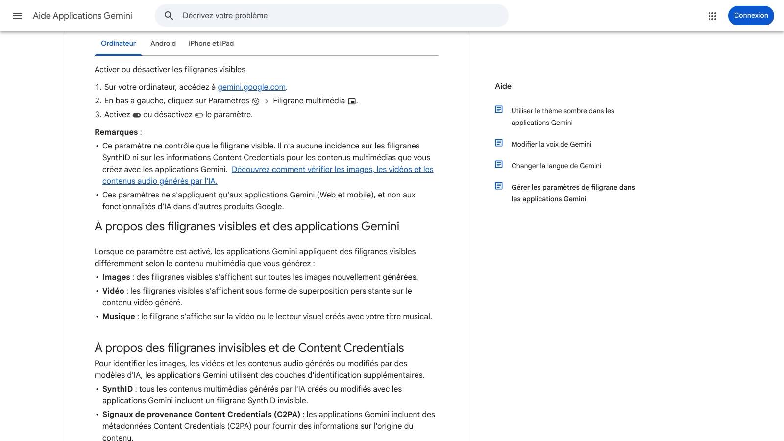 La page d'aide française « Gérer les paramètres de filigrane dans les applications Gemini », scrollée sur le passage du réglage : Paramètres, puis Filigrane multimédia, à activer ou désactiver.