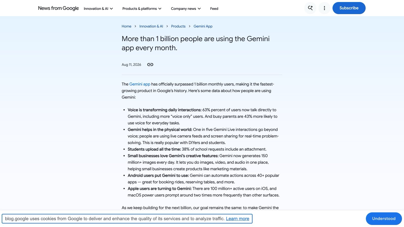 Le billet officiel publié sur blog.google le 11 août 2026 : le titre précise « every month », et le corps détaille les usages du milliard.