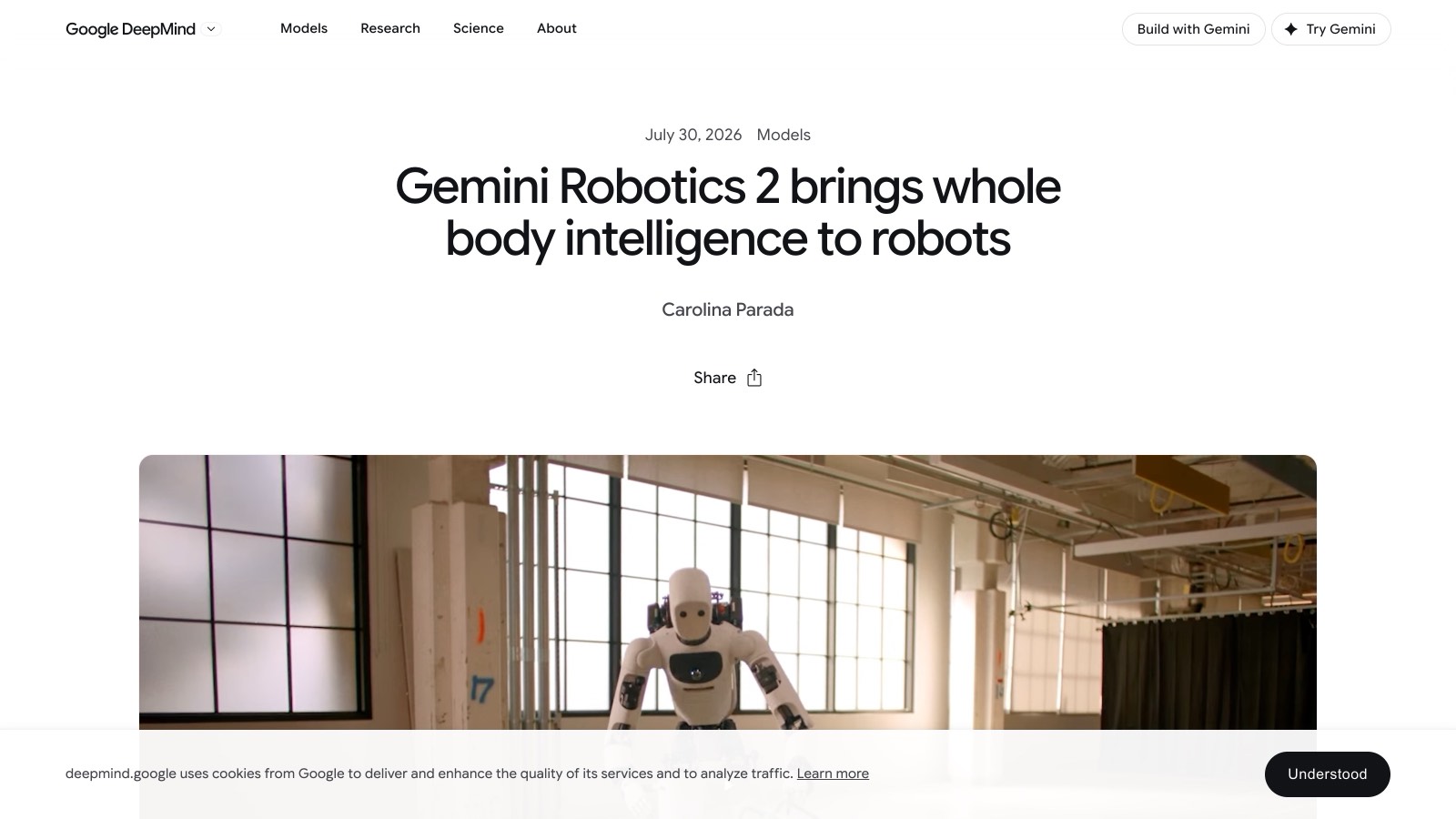 Le billet officiel de Google DeepMind, daté du 30 juillet 2026 et signé Carolina Parada, ouvre sur une démonstration de l'humanoïde Apollo 2 d'Apptronik.
