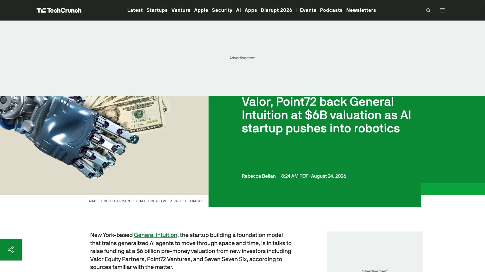 La page TechCrunch du 24 août 2026. Le titre dit « back » mais le corps dit « in talks » : le tour est présenté comme en discussion, à une valorisation avant injection, selon des sources proches du dossier.