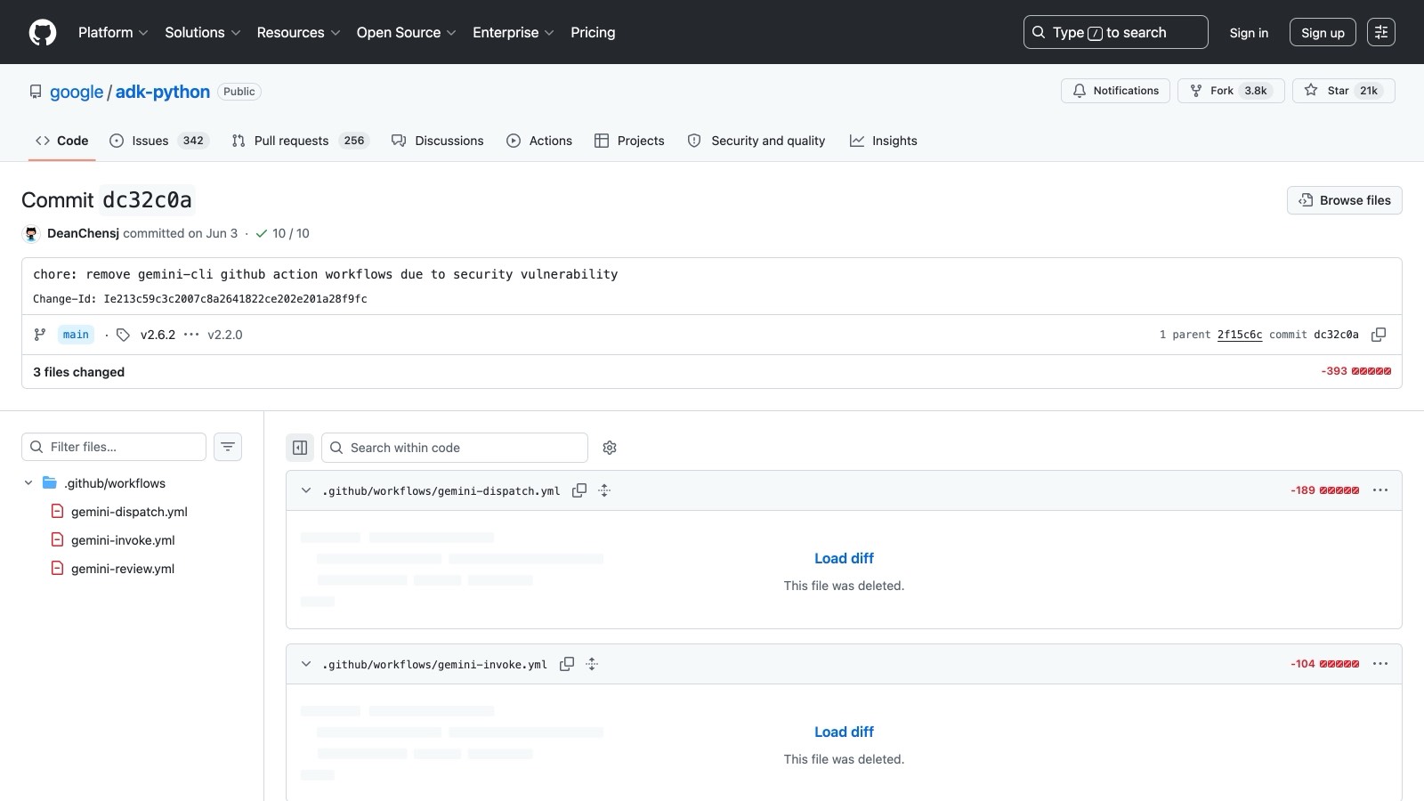 Le 3 juin 2026, Google retire les trois workflows gemini-cli du dépôt ADK, message de commit à l'appui.
