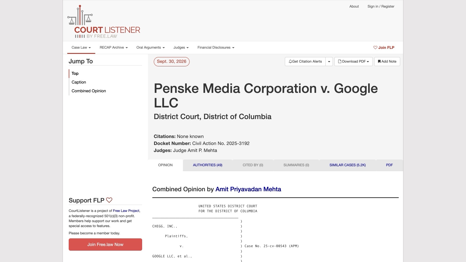 La première page du memorandum opinion rendu le 30 septembre 2026 par le juge Amit P. Mehta : les affaires Chegg (n° 25-cv-00543) et Penske Media (n° 25-cv-03192) y sont traitées ensemble.
