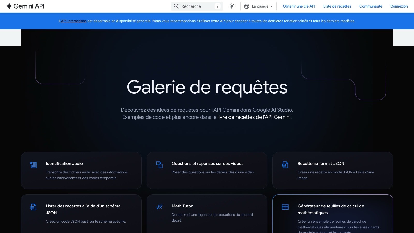 La galerie de prompts officielle, servie en français, le 7 septembre 2026 : chaque carte ouvre un prompt préconfiguré dans AI Studio (identification audio, questions et réponses sur des vidéos, recette au format JSON, Math Tutor).