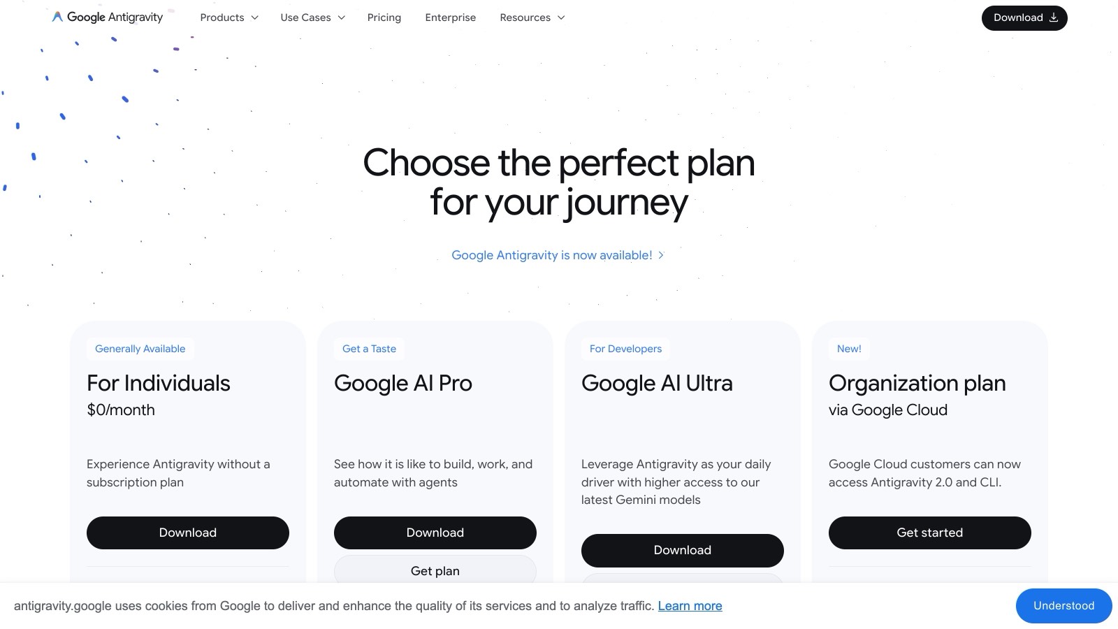 La page de tarifs d'Antigravity, telle qu'elle s'affiche depuis la France : 0 $ par mois pour les particuliers, aucun prix en face de Google AI Pro et Ultra.