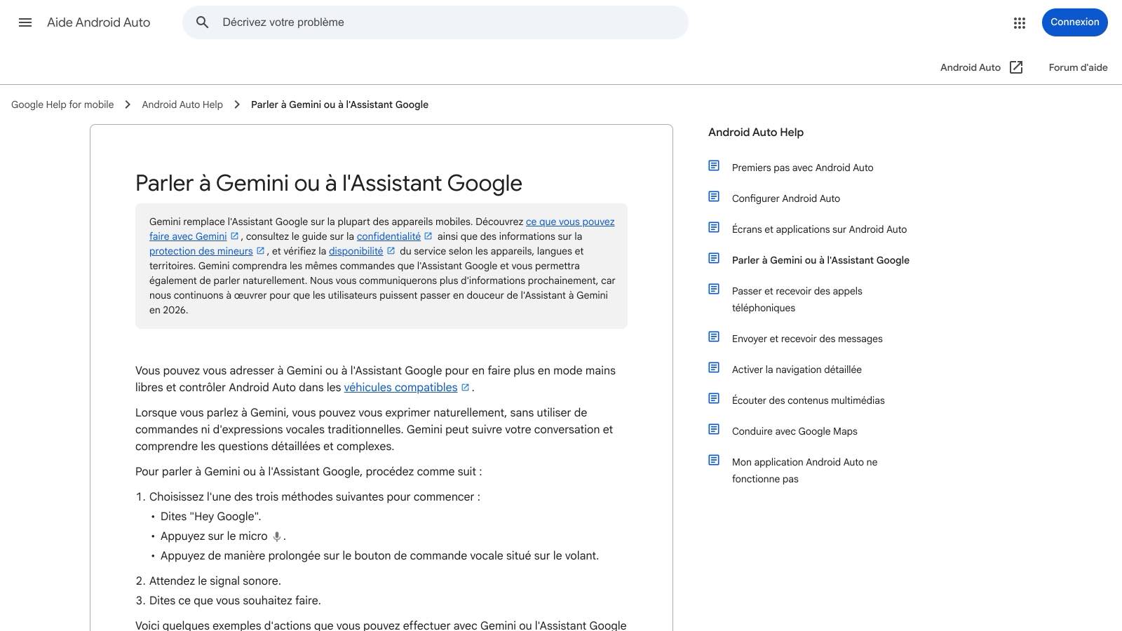 La page d'aide officielle de Google, en français, annonce le remplacement de l'Assistant par Gemini.