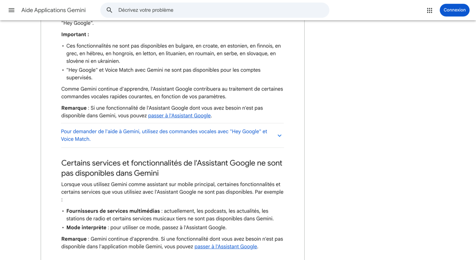 Google énumère dans son aide les services de l'Assistant qui n'existent pas dans Gemini.