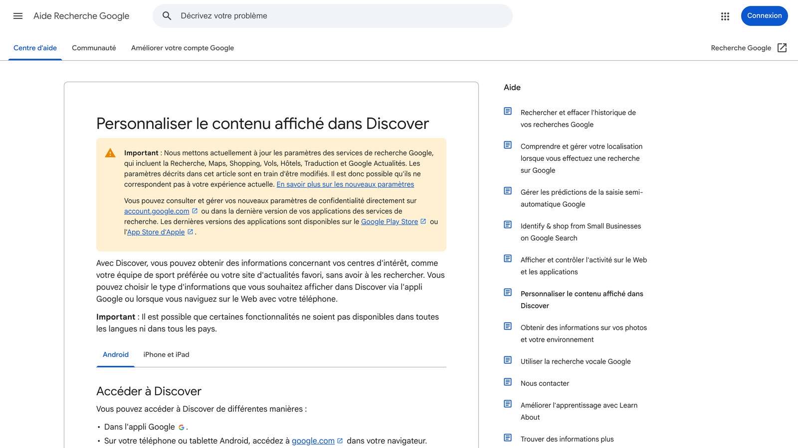 La page d'aide française « Personnaliser le contenu affiché dans Discover », qui documente les réglages existants du fil.