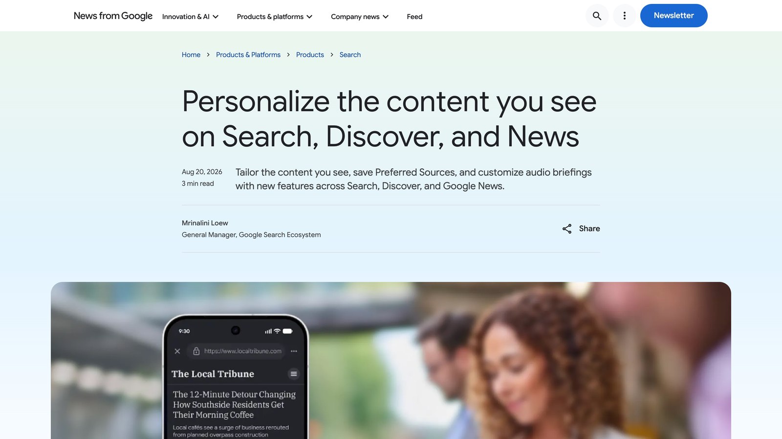 Le billet officiel « Personalize the content you see on Search, Discover, and News », publié sur blog.google le 20 août 2026.