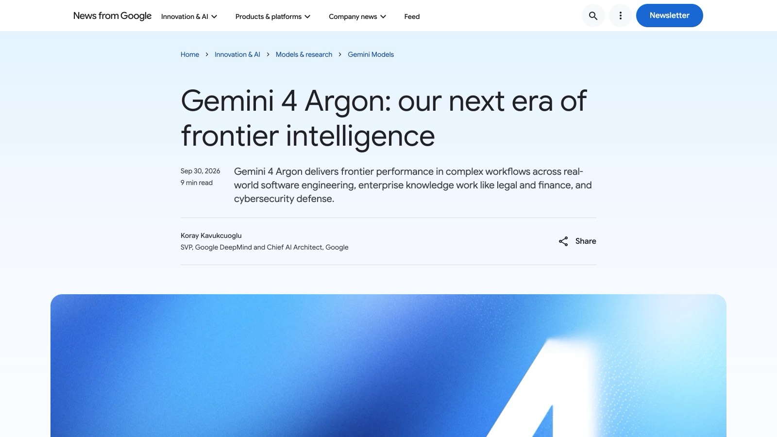 Le billet d'annonce « Introducing Gemini 4 Argon » publié par Google le mercredi 30 septembre 2026, signé Koray Kavukcuoglu.