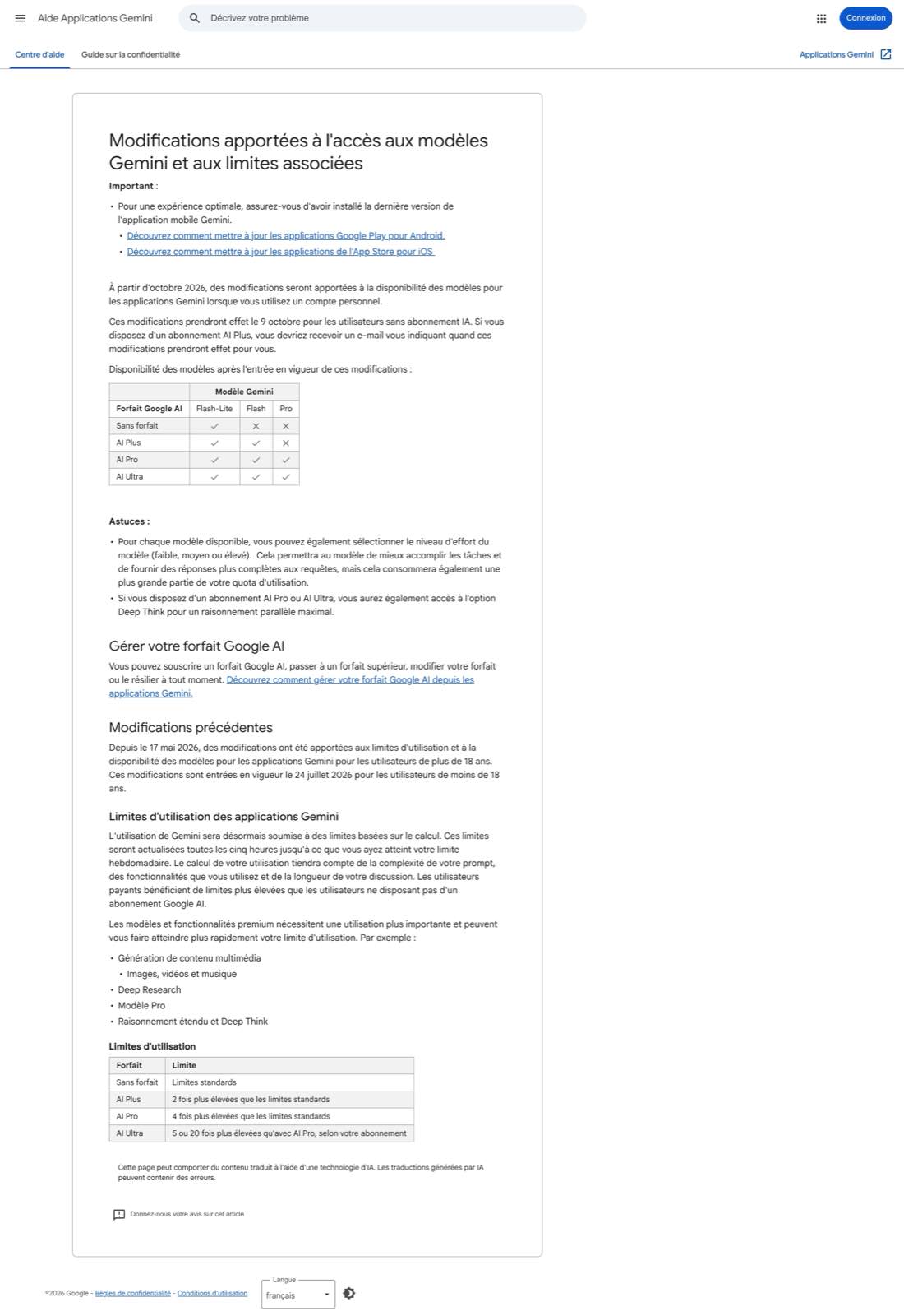 La page d'assistance de Google : le tableau croise les modèles Gemini et les forfaits, seuls AI Pro et AI Ultra gardent l'accès à Pro.