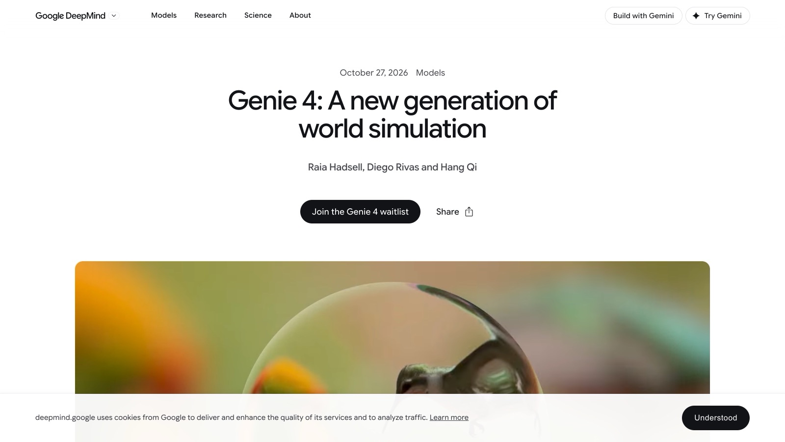 Le billet d'annonce de Genie 4 sur le site de Google DeepMind, daté du 27 octobre 2026 et signé par Raia Hadsell, Diego Rivas et Hang Qi.