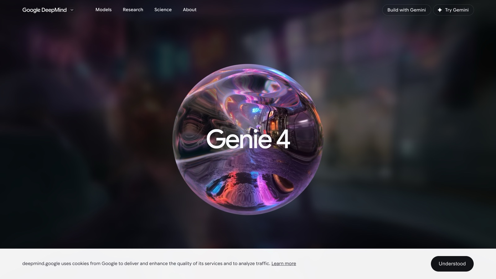 La page modèle de DeepMind présente désormais Genie 4, avec le visuel officiel de la sphère.
