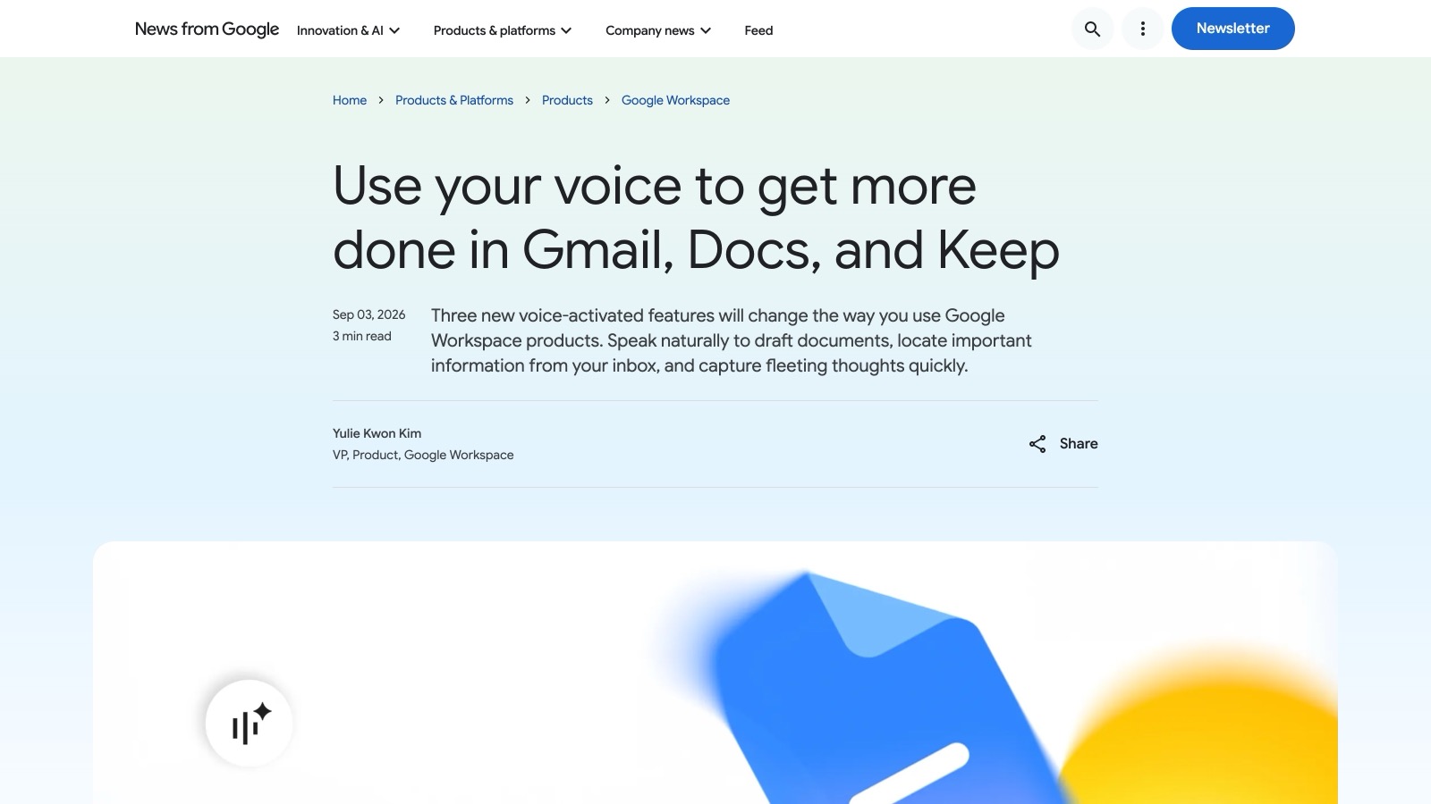 Le billet d'annonce de Google, « Use your voice to get more done in Gmail, Docs, and Keep », publié le 3 septembre 2026.