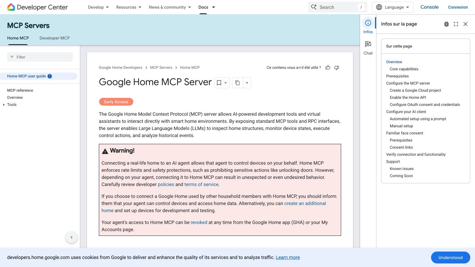 La page officielle du serveur Home MCP sur le centre pour développeurs Google Home, avec son encadré d'avertissement.