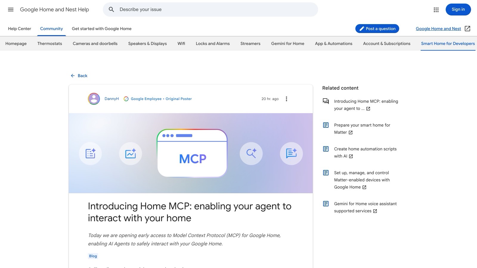 Le post de relais « Introducing Home MCP » dans la communauté Google Home & Nest, publié par une employée de Google : le billet d'annonce signé Taylor Lehman est accessible en lien.