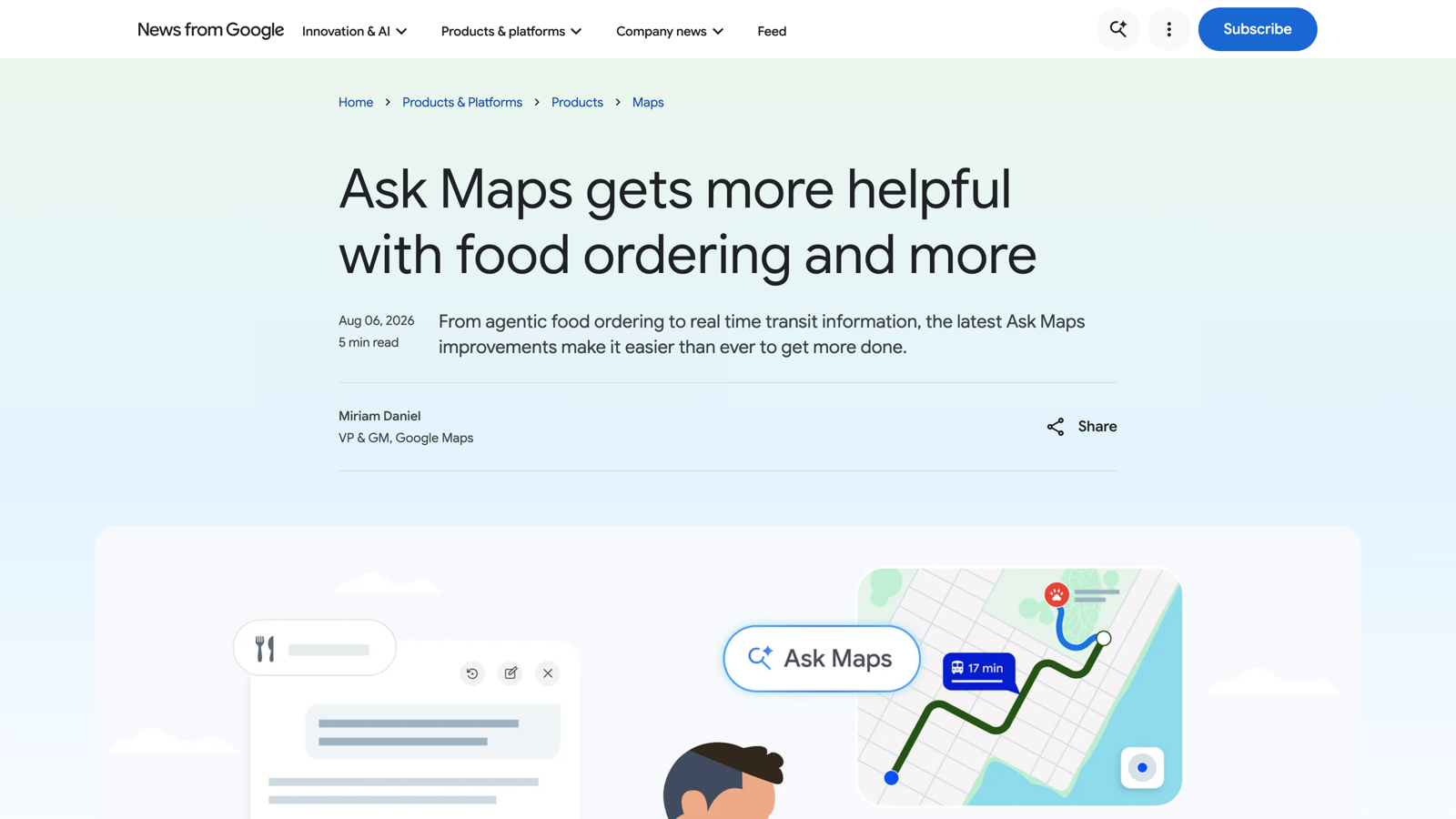 Le billet officiel du 6 août 2026, signé par Miriam Daniel, vice-présidente et directrice générale de Google Maps.