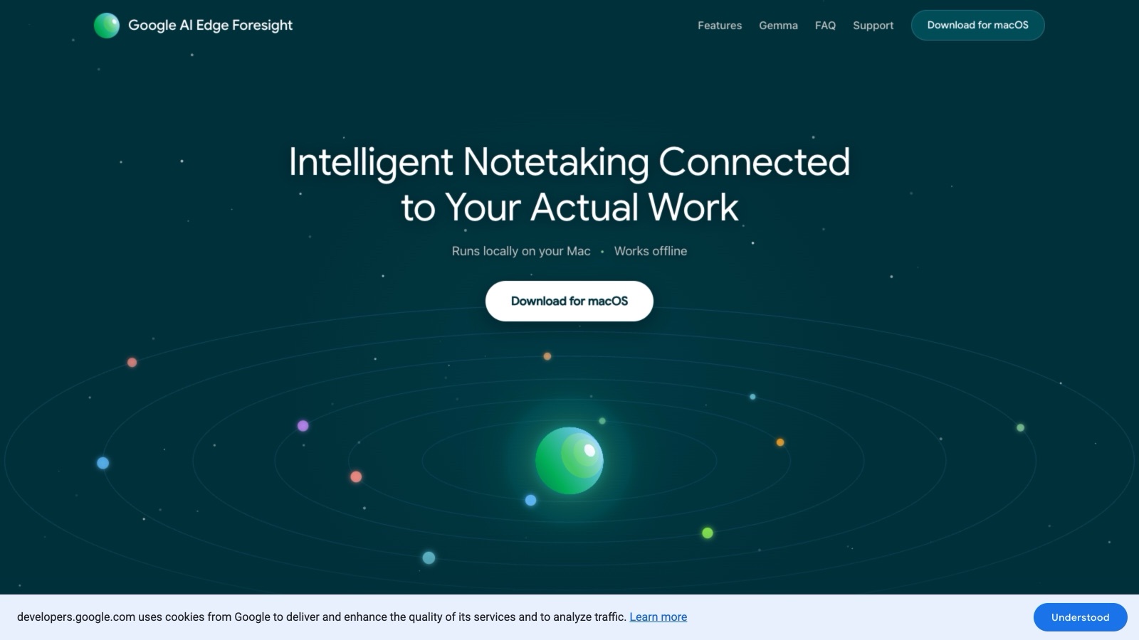 La page d'accueil de Google AI Edge Foresight, avec la mention « Runs locally on your Mac • Works offline » et le bouton « Download for macOS ».