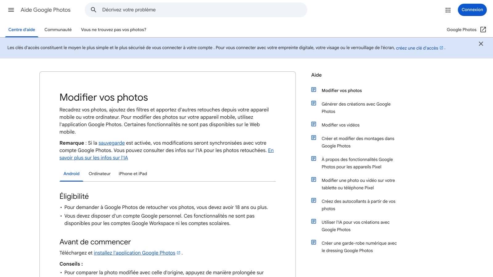 L'article « Modifier vos photos » du centre d'aide français : retouche IA réservée aux comptes personnels et aux utilisateurs de 18 ans ou plus.