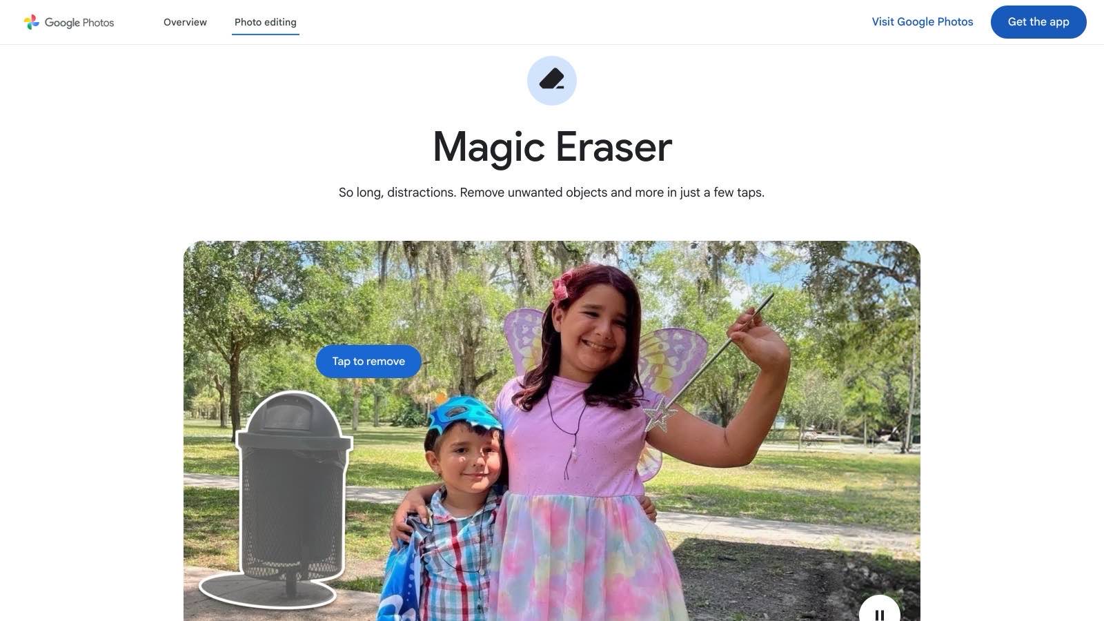 La page officielle de Google Photos, avec la Gomme magique (Magic Eraser) en vitrine de l'onglet retouche.