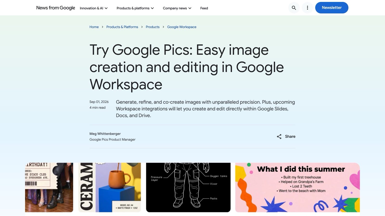 Le billet d'annonce officiel « Try Google Pics » publié par Google le 1ᵉʳ septembre 2026.