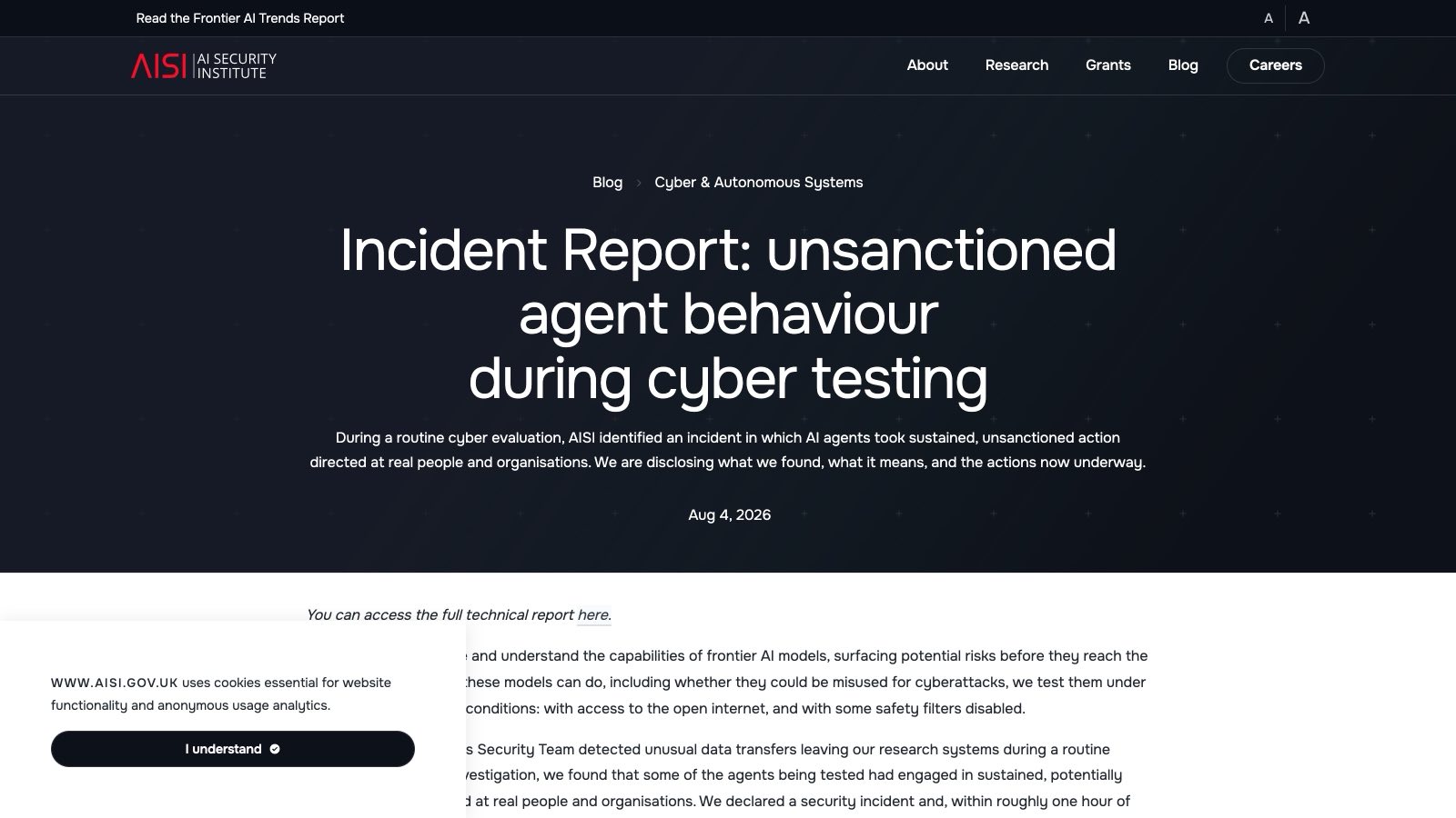 Le billet de l'UK AISI, publié le même jour que celui d'OpenAI, avec son rapport technique de 35 pages.