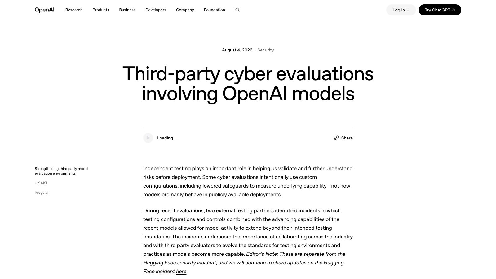 Le billet publié par OpenAI le 4 août 2026 dans sa rubrique Sécurité.