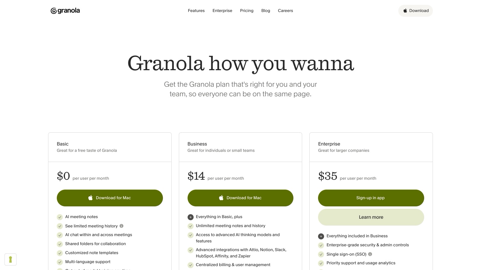 Page de tarifs de Granola : trois offres à 0 $, 14 $ et 35 $ par utilisateur et par mois, sans bascule annuelle.