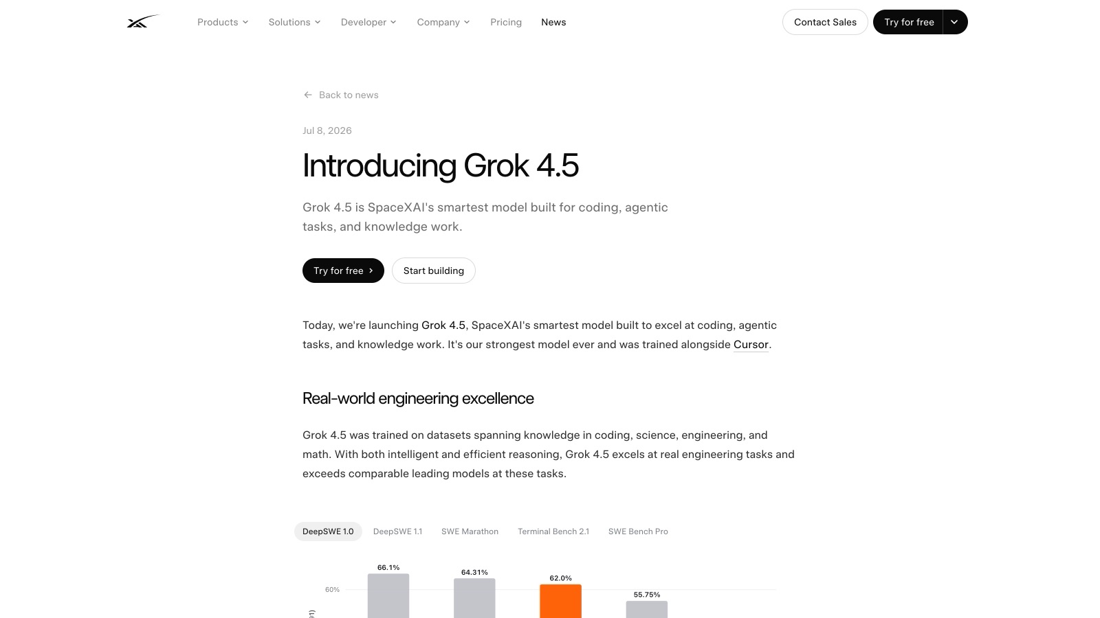 La page d'annonce officielle « Introducing Grok 4.5 » sur x.ai, avec les premiers benchmarks mis en avant par SpaceXAI.
