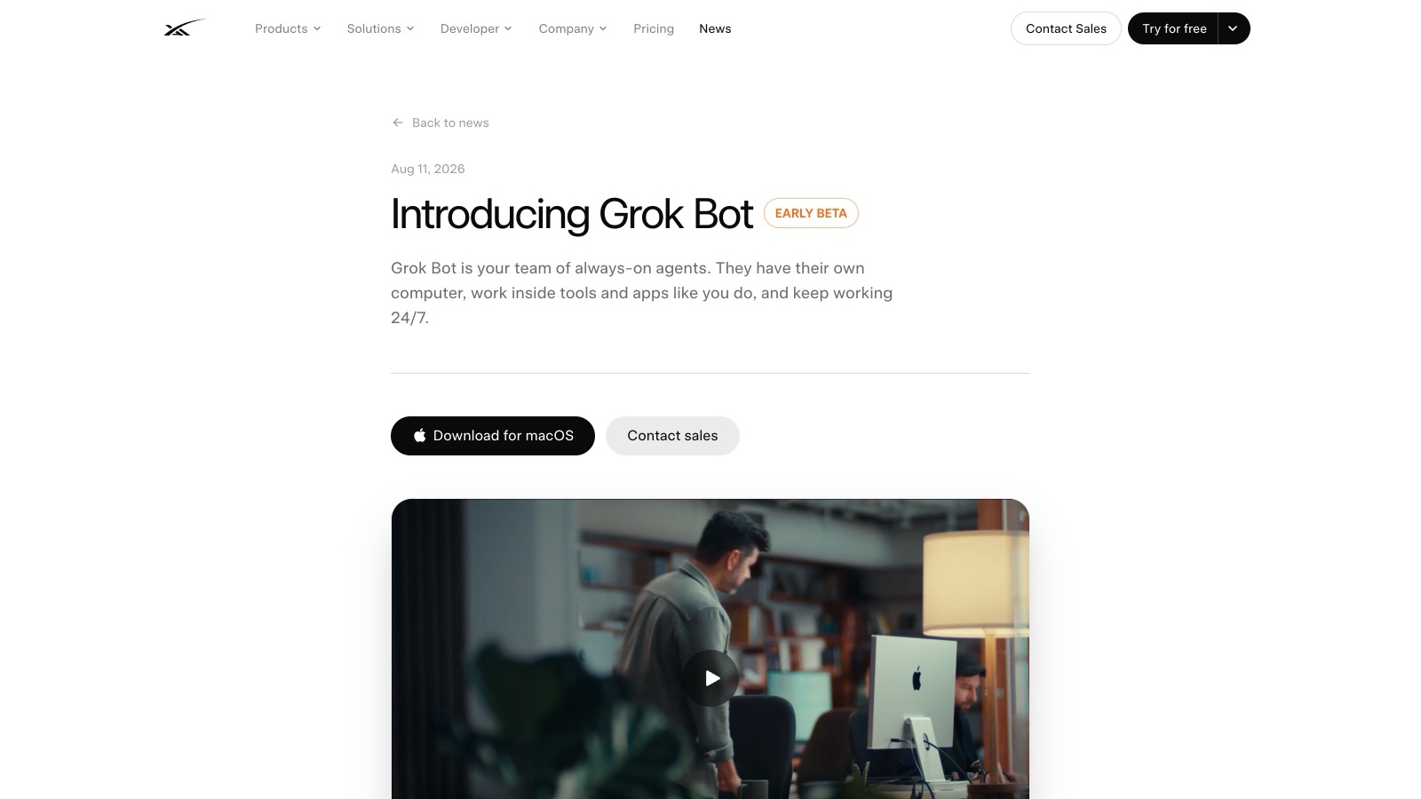 L'annonce officielle de Grok Bot sur le site de SpaceXAI, le 11 août 2026, avec le badge « early beta ».