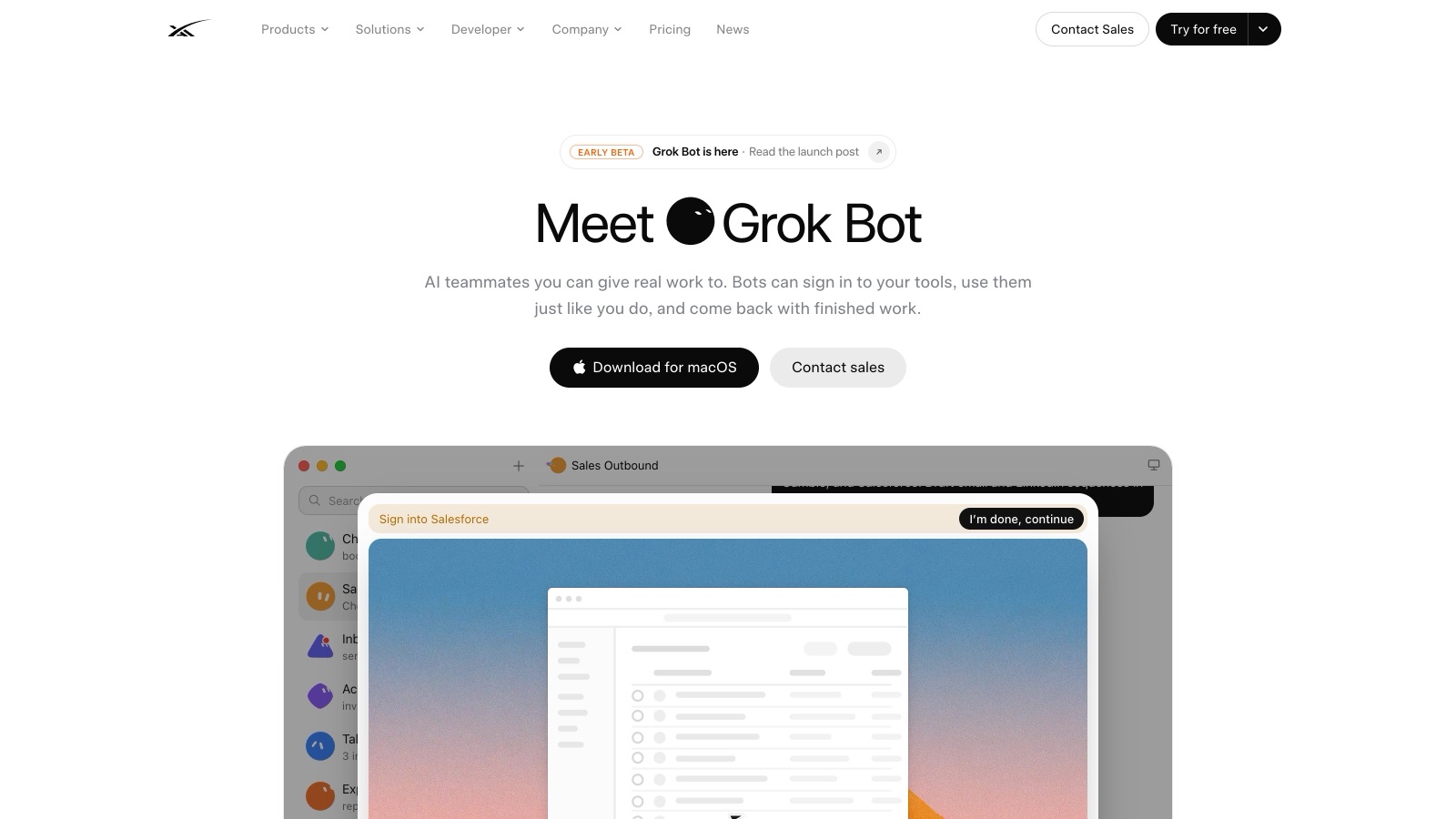 La page produit de Grok Bot montre l'application macOS : le Bot demande un accès Salesforce avant de traiter la file de support.