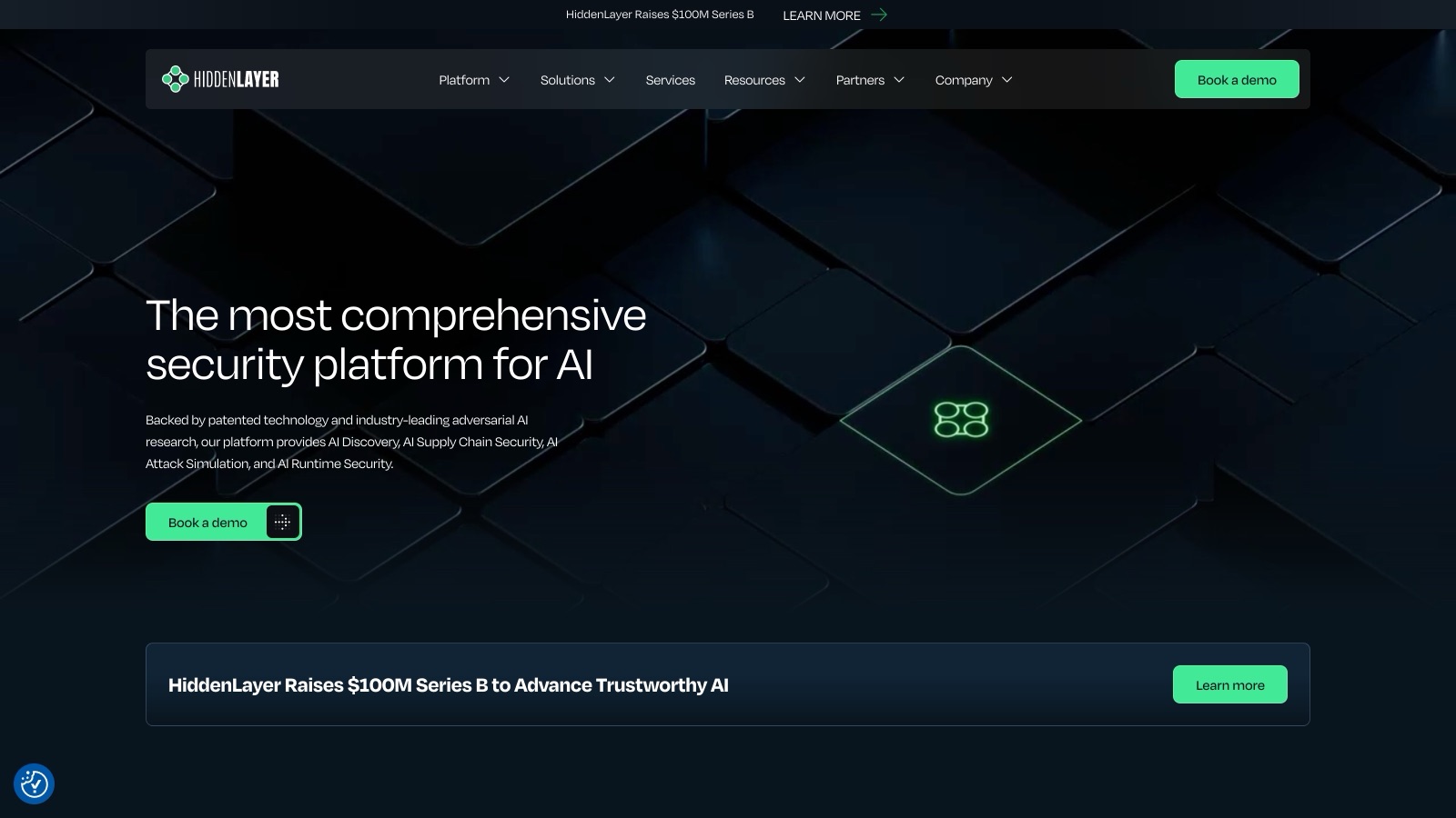 Le site de HiddenLayer met en avant l'annonce « HiddenLayer Raises $100M Series B to Advance Trustworthy AI » (capture du 3 septembre 2026).
