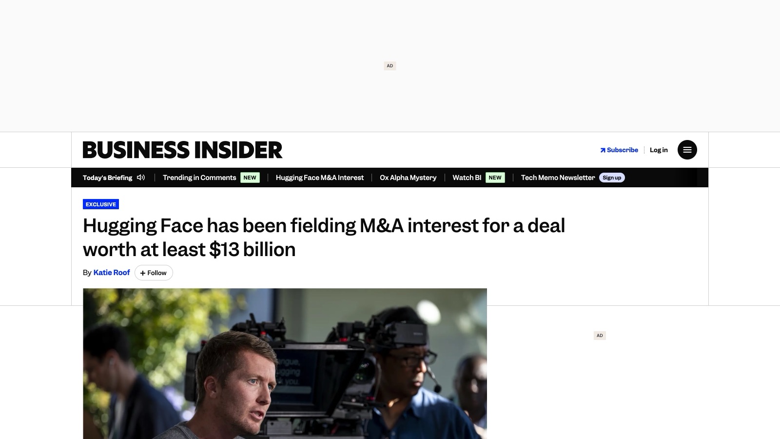 La page de Business Insider, « Hugging Face has been fielding M&A interest for a deal worth at least $13 billion », article exclusif signé Katie Roof, consultée le 25 août 2026.