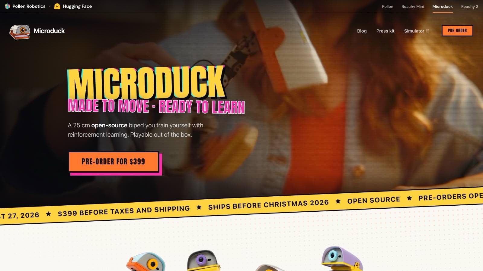 La page officielle de Microduck chez Pollen Robotics, avec les précommandes ouvertes à 399 $