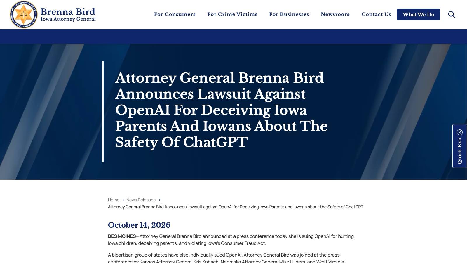 Le communiqué du procureur général de l'Iowa, Brenna Bird, daté du 14 octobre 2026, annonçant la plainte contre OpenAI et la conférence de presse commune.