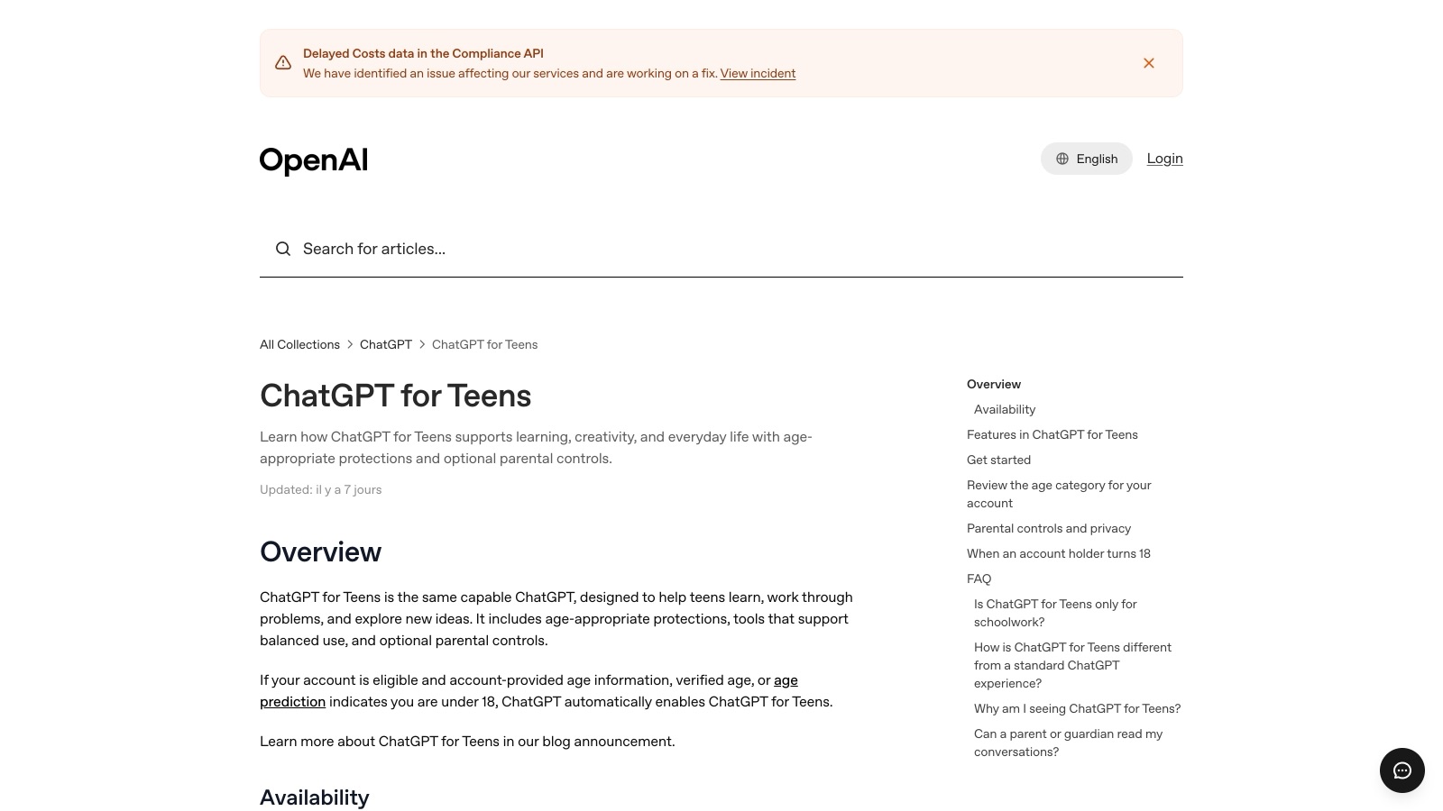 La page d'aide ChatGPT for Teens d'OpenAI, consultée le 15 octobre 2026 ; c'est cette page d'aide, et non le billet de blog d'août 2026, qui décrit l'accès automatique à l'expérience ados.