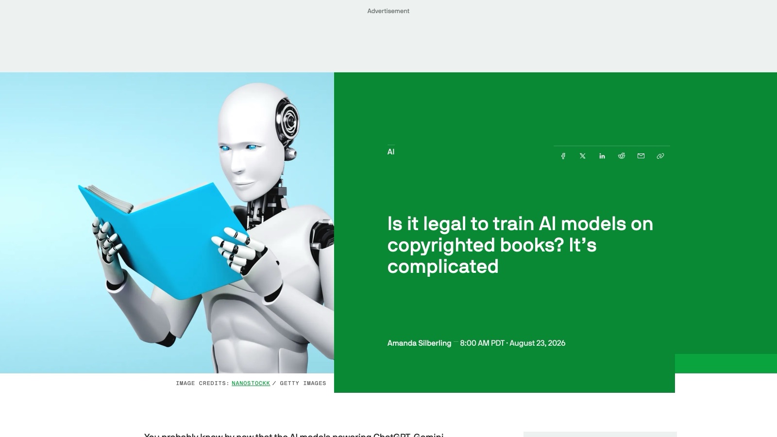 Capture de la page TechCrunch du 23 août 2026 : le titre de l'analyse d'Amanda Silberling sur l'entraînement des IA avec des livres protégés.